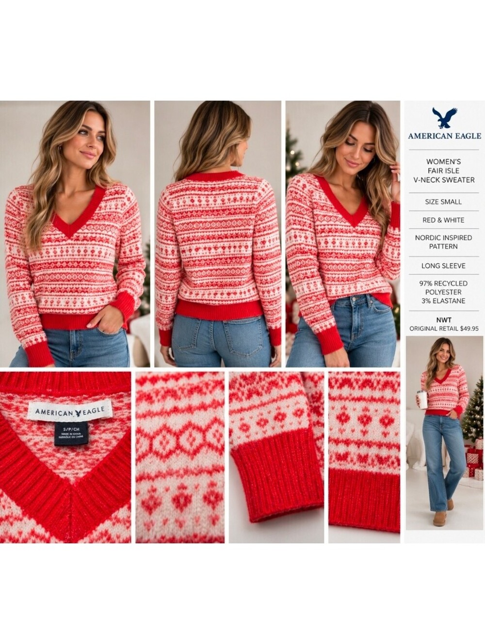 American Eagle Fair Isle Sweater Womens S NWT Red White V Neck Holiday Nordic
